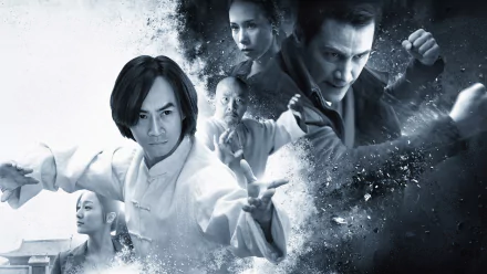 HD PC desktop wallpaper for the movie Man of Tai Chi showing the film's lead actor in martial-arts poses amid a smoky, high-contrast blue-gray collage.