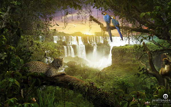 A vibrant artistic wallpaper featuring a parrot perched in a jungle, with a majestic waterfall cascading in the background, evoking the beauty of nature.