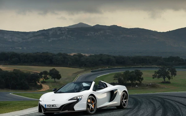 A sleek white McLaren 650S Spider showcases its design on a winding track, set against a backdrop of rolling hills and a dramatic sky, capturing the essence of supercar performance.