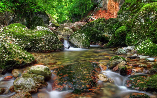 A serene nature scene with moss-covered rocks and a gently flowing stream captured with motion blur, presented as an HD PC desktop wallpaper and background.