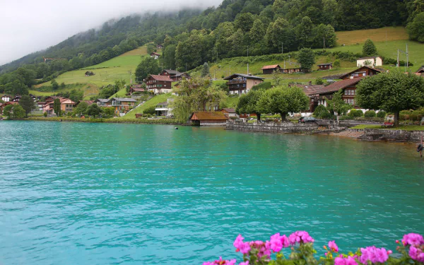 4K Ultra HD photography of a serene lake with turquoise water, vibrant flowers in the foreground, and quaint houses nestled among green hills under a cloudy sky.