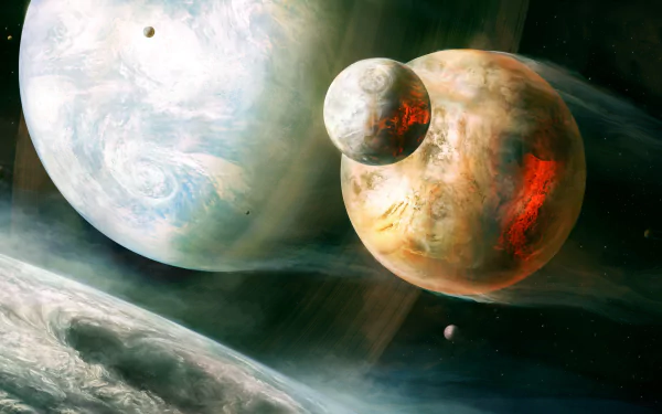 A sci-fi scene featuring multiple vibrant planets in a cosmic setting, showcasing stunning colors and details in a 4K Ultra HD wallpaper designed for PC desktops.