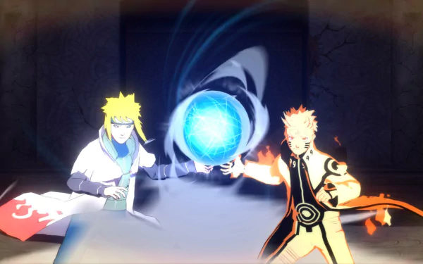 HD desktop wallpaper from Naruto Shippuden: Ultimate Ninja Storm Revolution featuring Minato Namikaze and Naruto Uzumaki in a dynamic battle scene.