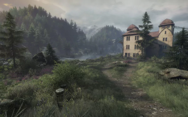 HD PC desktop wallpaper featuring a misty, forested landscape with an old mansion from the video game The Vanishing of Ethan Carter.