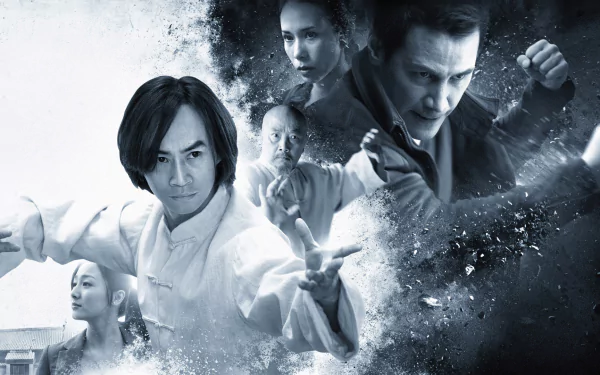 HD PC desktop wallpaper for the movie Man of Tai Chi showing the film's lead actor in martial-arts poses amid a smoky, high-contrast blue-gray collage.