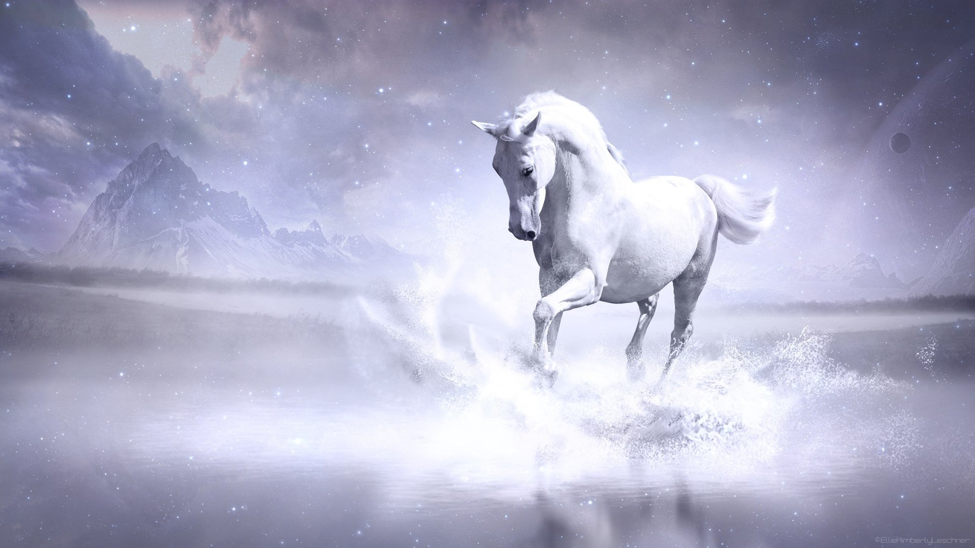 A majestic white horse splashes through a serene, misty landscape, set against snow-capped mountains, creating a captivating HD wallpaper for desktop backgrounds.