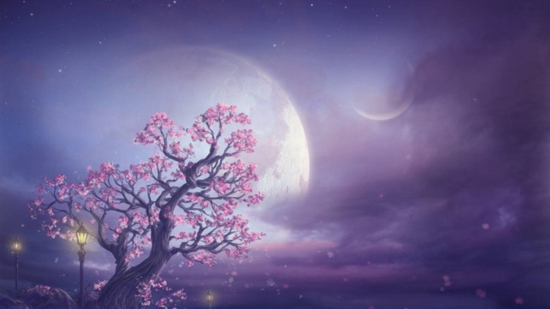 HD fantasy landscape wallpaper featuring a glowing full moon, a blooming tree with pink flowers, and a dreamy purple night sky.
