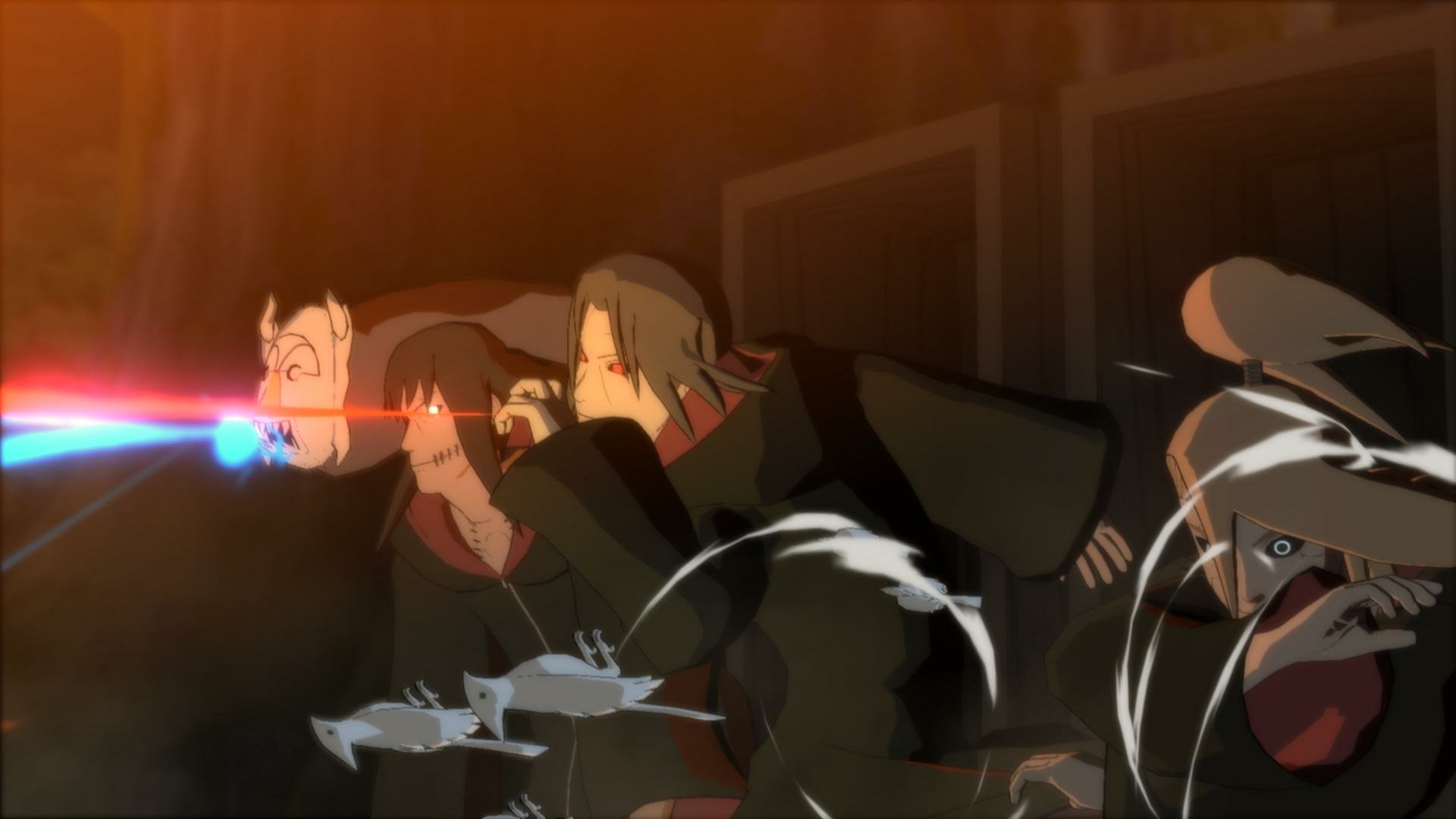 HD PC desktop wallpaper featuring Deidara and Itachi Uchiha from Naruto in action, inspired by the video game Naruto Shippuden: Ultimate Ninja Storm Revolution.