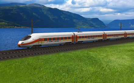 A sleek intercity electric train travels along a scenic lakeside railroad, set against a backdrop of lush green hills and a vibrant sky, capturing a stunning moment in motion.