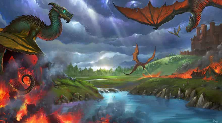 A fiery fantasy scene featuring a fire dragon and wyverns flying around a castle near a river under a stormy sky, rendered in HD for a PC desktop wallpaper.