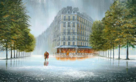 A couple walks hand-in-hand along a rainy boulevard, surrounded by lush trees and a charming building, capturing an artistic moment of love in this HD wallpaper.