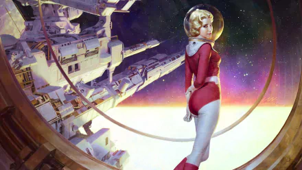 Sci-fi HD PC desktop wallpaper featuring a woman in a retro space suit standing inside a spacecraft, with a vibrant cosmic background.