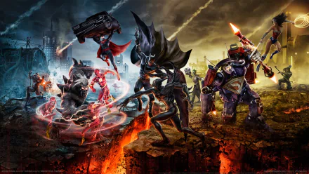 HD PC desktop wallpaper featuring DC Comics heroes and villains including Doomsday, Joker, Superman, Diana Prince, Barry Allen, Green Arrow, Cyborg, Wonder Woman, Flash, and Batman in an Infinite Crisis scene.