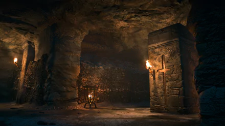 A captivating HD wallpaper from Assassin's Creed: Unity, depicting a dimly lit underground cavern with stone walls, torches, and a cross-engraved pillar, evoking a sense of adventure and mystery.