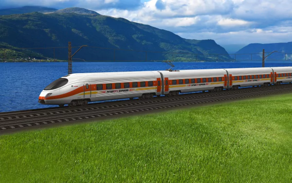 A sleek intercity electric train travels along a scenic lakeside railroad, set against a backdrop of lush green hills and a vibrant sky, capturing a stunning moment in motion.