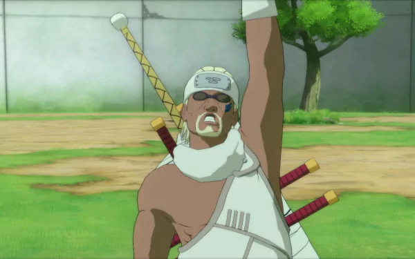 HD desktop wallpaper featuring Killer Bee from the video game Naruto Shippuden: Ultimate Ninja Storm Revolution, raising his arm in a field with a tree and wall in the background.