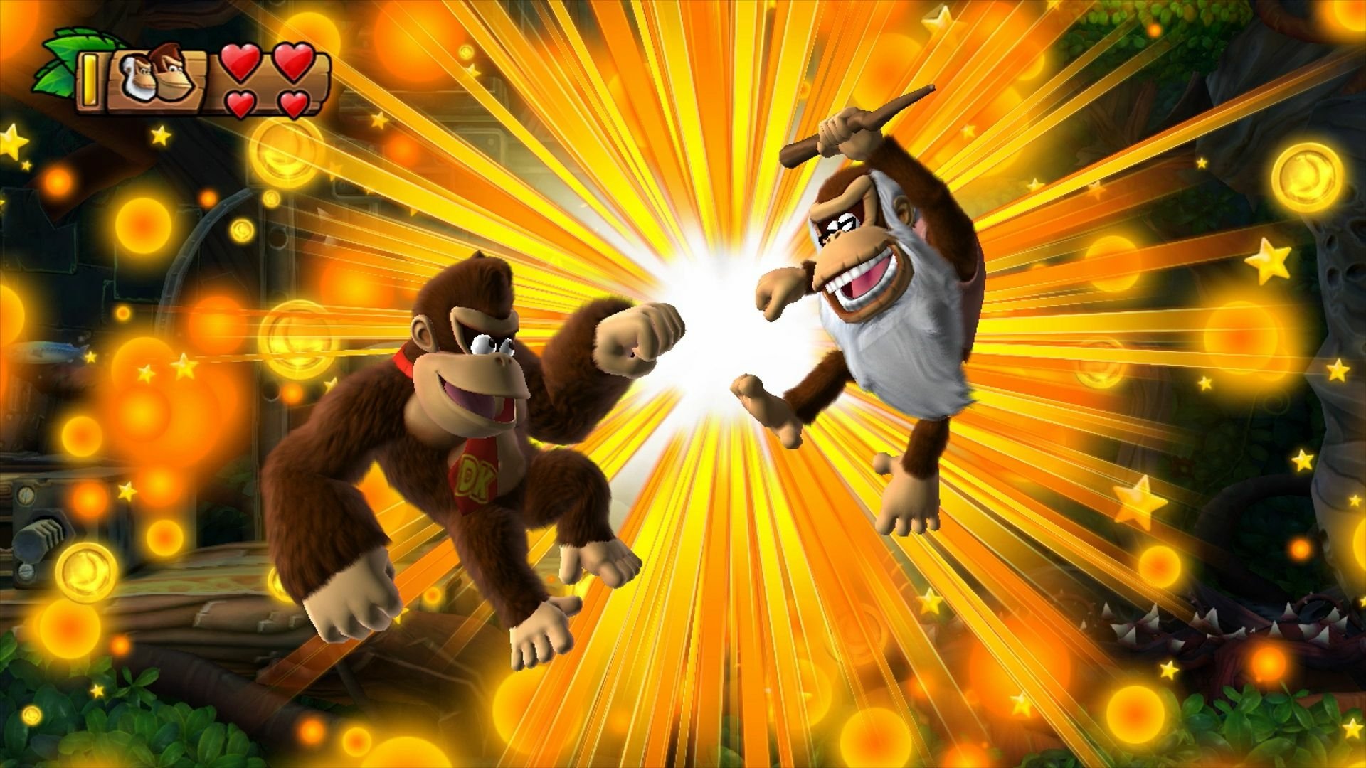 HD wallpaper of Donkey Kong Country: Tropical Freeze, featuring Donkey Kong and Cranky Kong with an explosive background.