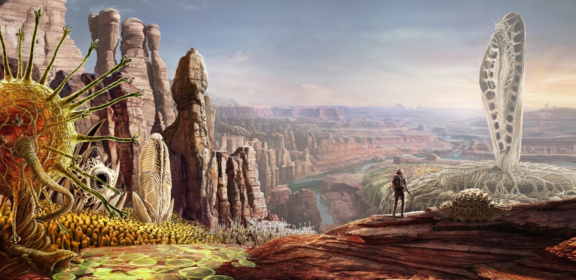 HD sci-fi landscape wallpaper featuring an astronaut standing on rocky terrain overlooking a vast canyon with alien flora and towering rock formations.