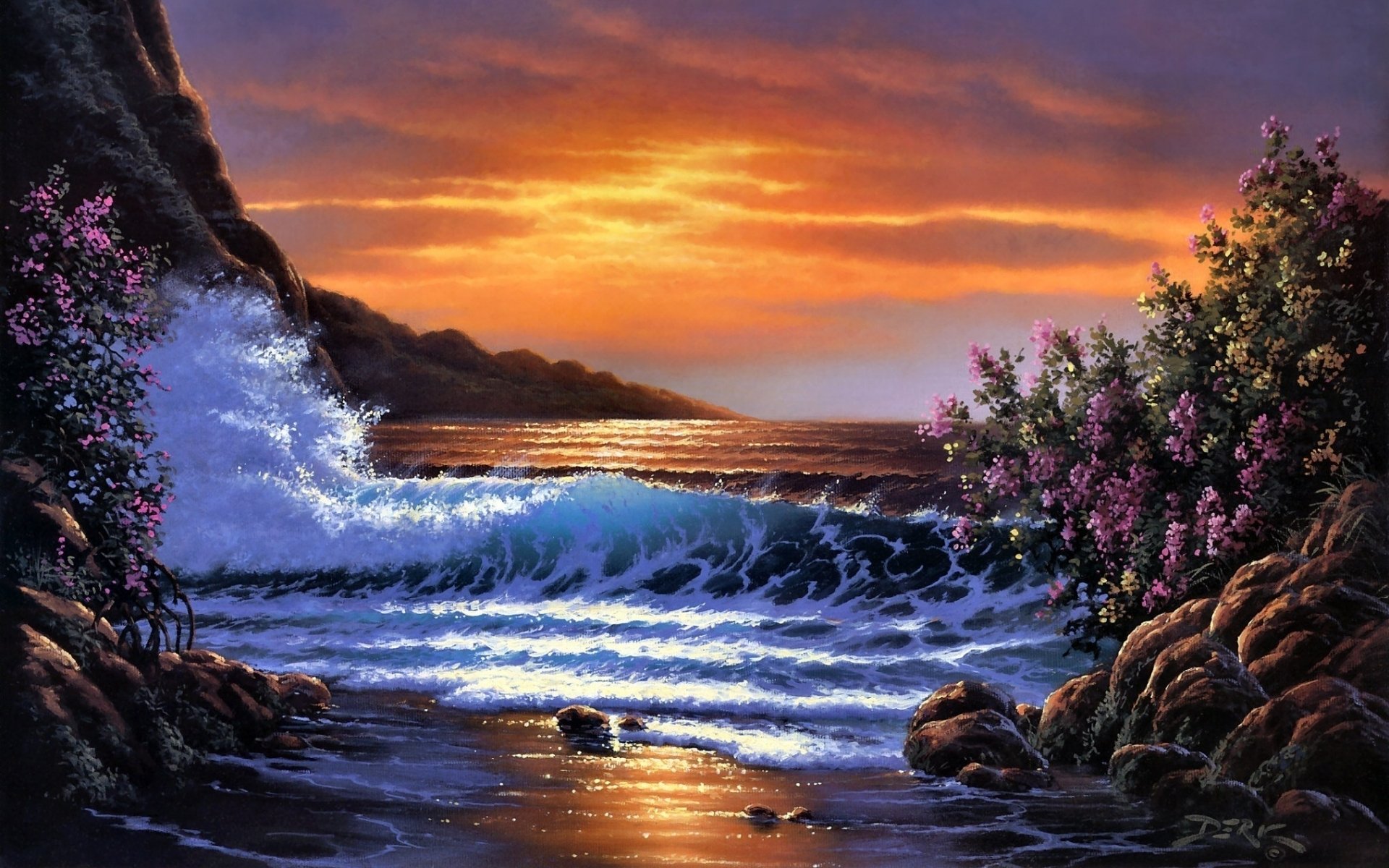 Sunset Waves and Blossoms: Artistic Seashore HD Wallpaper