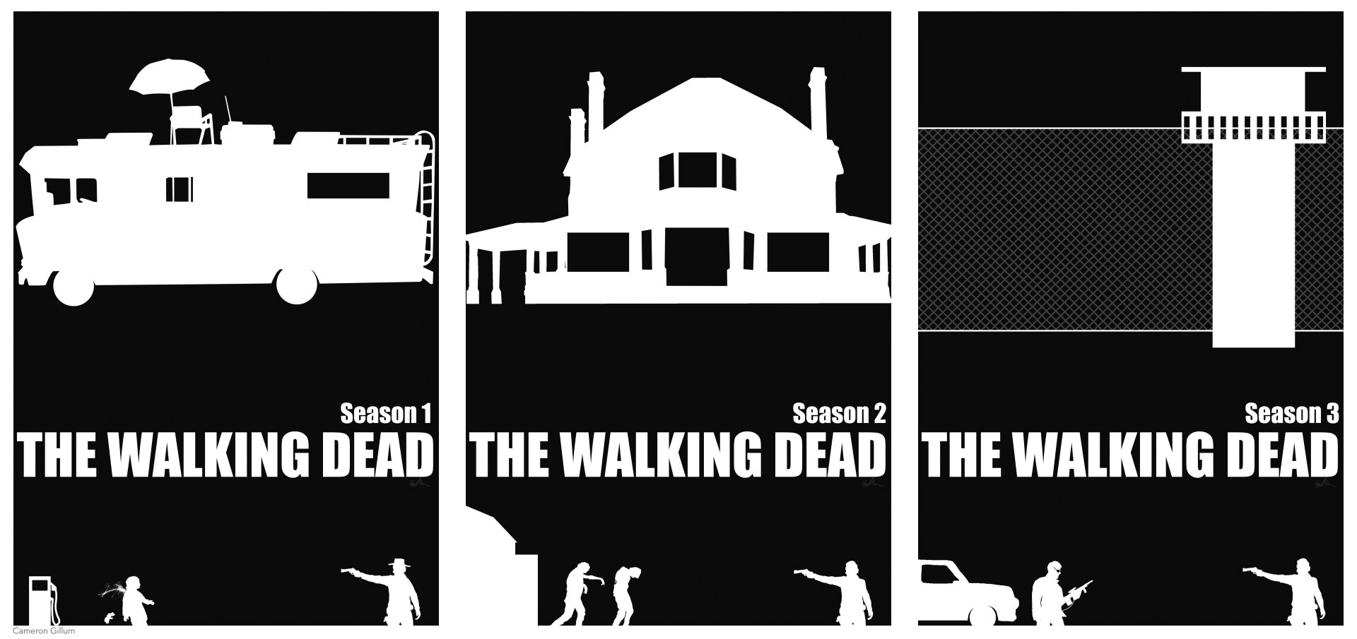 Black-and-white The Walking Dead TV show 8K Ultra HD PC desktop wallpaper/background: three minimalist panels with an RV, farmhouse and silhouetted walkers and survivors, bold series titles.