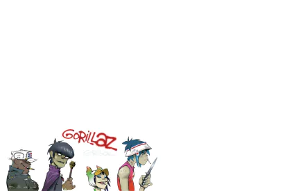 HD PC desktop wallpaper: Gorillaz cartoon band and logo clustered at bottom-left on a white, music-themed background.