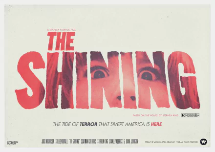 HD PC desktop wallpaper of The Shining movie poster: bold red title with a terrified face peering through the letters in a vintage horror film style.