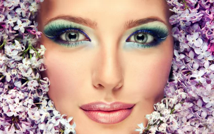 Close-up HD desktop wallpaper of a woman's face surrounded by blooming lilac flowers, highlighting vibrant makeup and soft floral textures.