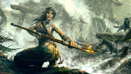 A dynamic HD wallpaper featuring Lara Croft from Tomb Raider, poised with a bow and arrow, ready for action against a fierce wolf amidst a stormy landscape.