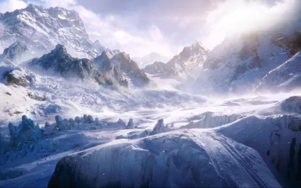 HD desktop wallpaper of a snowy winter mountain landscape with a fantasy atmosphere, featuring towering peaks and misty skies.