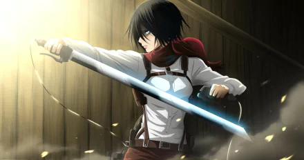 Anime HD desktop wallpaper featuring Mikasa Ackerman from Attack on Titan, wielding a weapon, wearing a red scarf, and sporting short black hair, in an intense battle-ready pose.