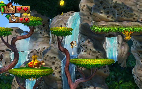HD wallpaper of Donkey Kong Country: Tropical Freeze, featuring characters in a jungle level with waterfalls and platforms.