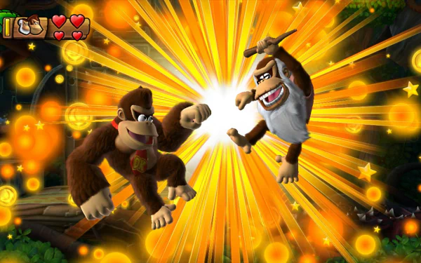 HD wallpaper of Donkey Kong Country: Tropical Freeze, featuring Donkey Kong and Cranky Kong with an explosive background.