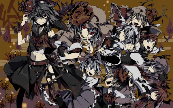A dynamic HD wallpaper featuring characters from Touhou, including Nue Houjuu, Reimu Hakurei, Koakuma, Sakuya Izayoi, Hong Meiling, Cirno, Remilia Scarlet, and Flandre Scarlet.