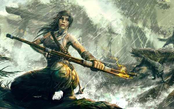 A dynamic HD wallpaper featuring Lara Croft from Tomb Raider, poised with a bow and arrow, ready for action against a fierce wolf amidst a stormy landscape.