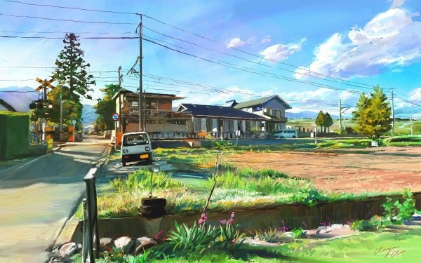 Artistic Painting House Car Tree Kyoto Japan HD Wallpaper | Background Image