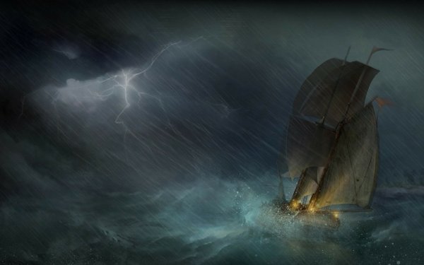 Artistic Painting Sailboat Lightning Storm Rain Wave HD Wallpaper | Background Image