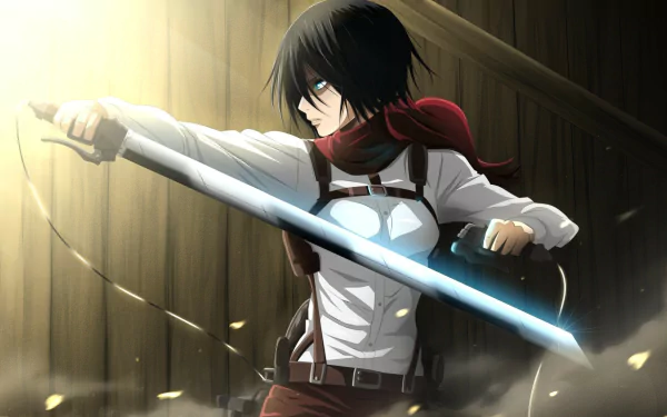 Anime HD desktop wallpaper featuring Mikasa Ackerman from Attack on Titan, wielding a weapon, wearing a red scarf, and sporting short black hair, in an intense battle-ready pose.