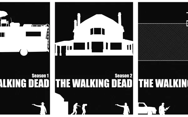 Black-and-white The Walking Dead TV show 8K Ultra HD PC desktop wallpaper/background: three minimalist panels with an RV, farmhouse and silhouetted walkers and survivors, bold series titles.