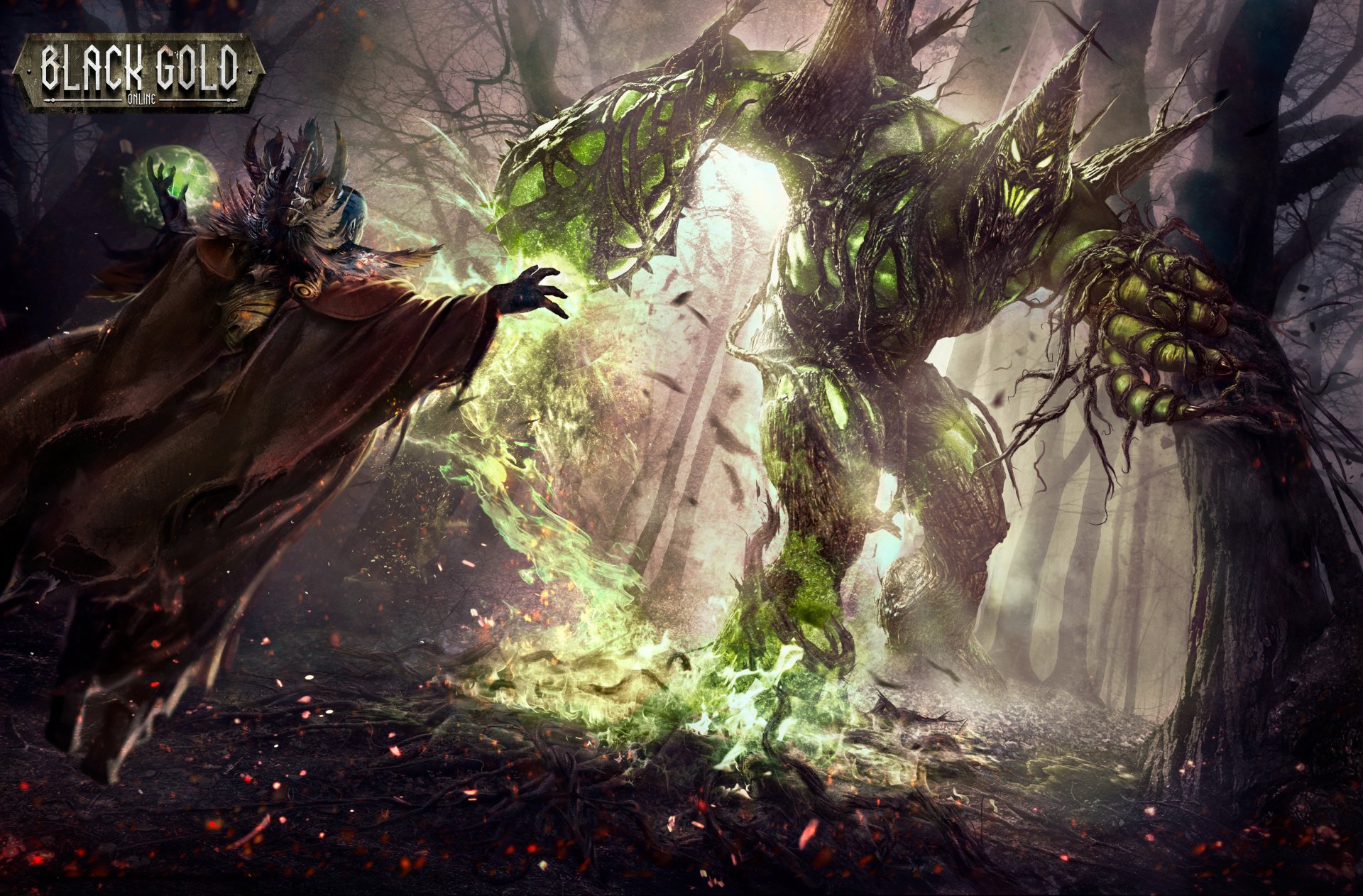 HD PC desktop wallpaper from the video game Black Gold Online, featuring a mystical forest scene with a robed figure confronting a towering, glowing tree-like creature.