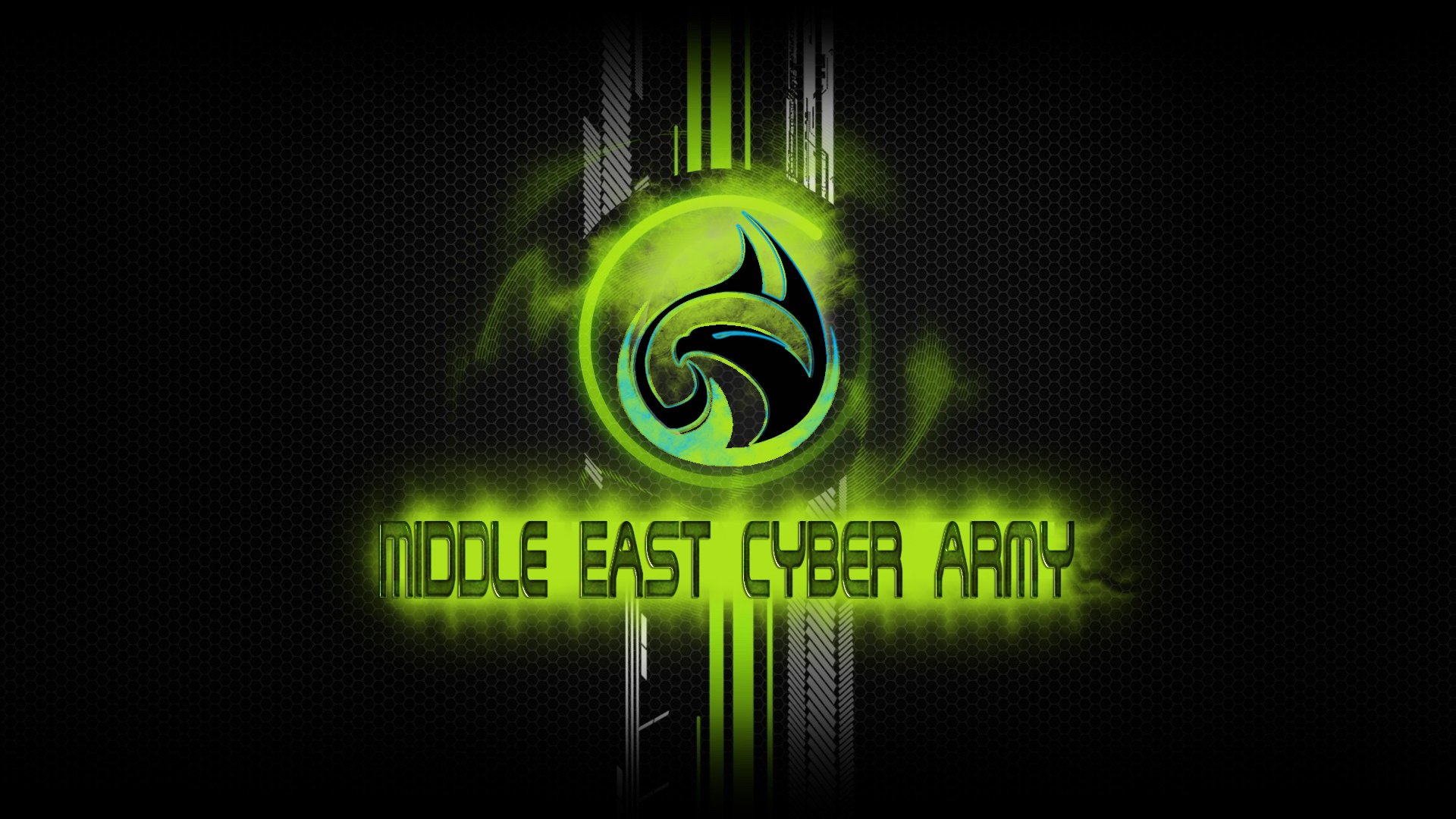 HD PC desktop wallpaper featuring a glowing green symbol and the text Middle East Cyber Army with a tech-inspired, hacker-themed design.
