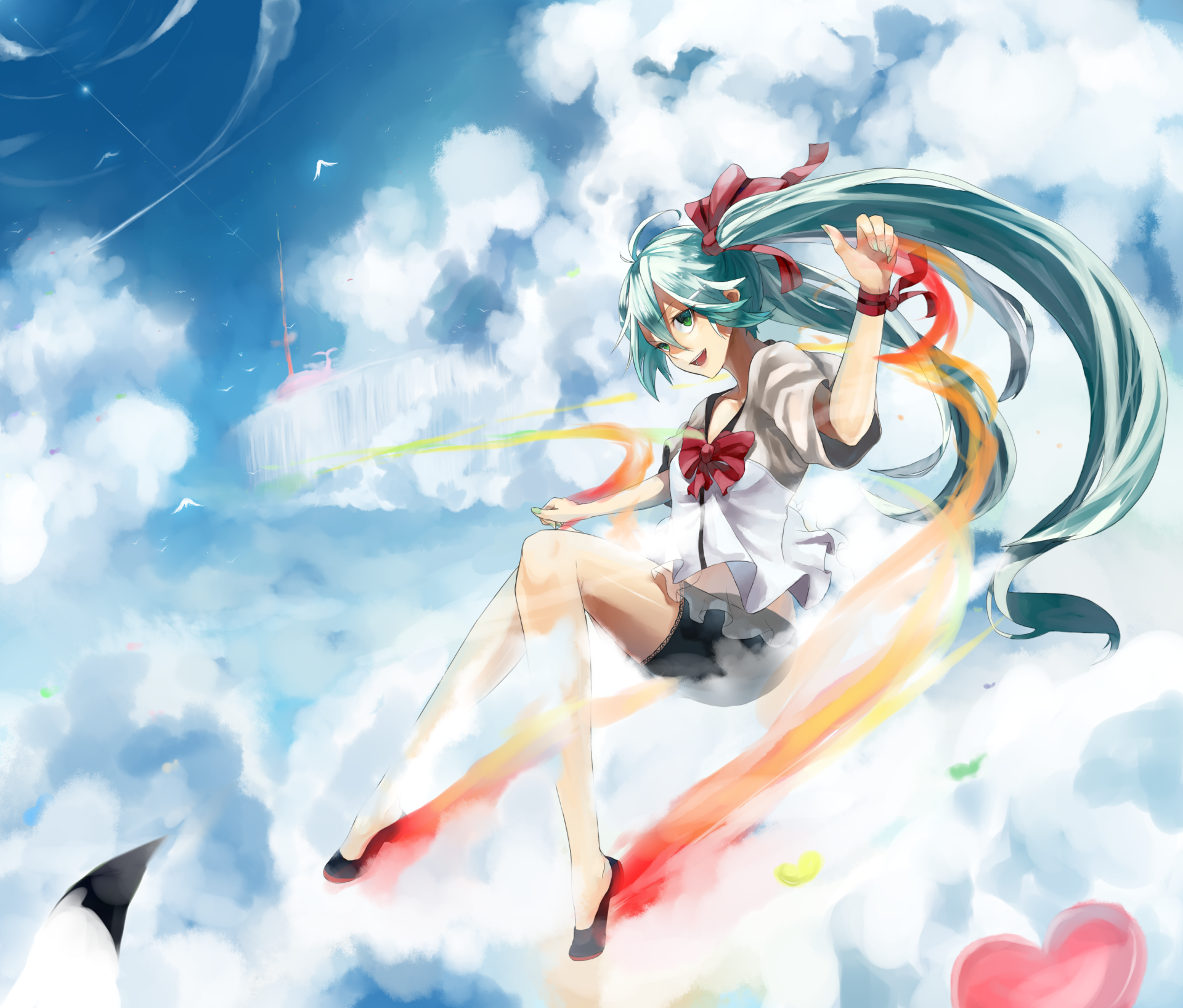 HD desktop wallpaper featuring Hatsune Miku from Vocaloid. The anime character is depicted in a dynamic, colorful sky setting with long teal hair and school uniform, enhancing the vibrant background.