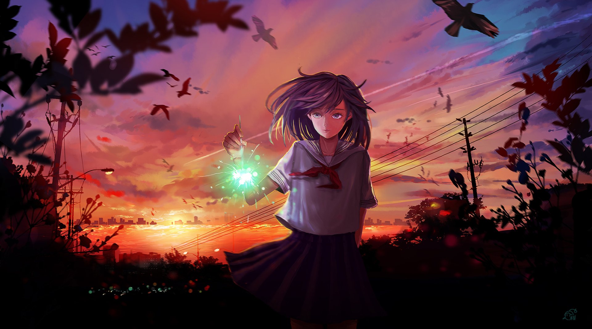 Anime girl with purple hair stands by a sunset-lit sky, with birds flying, fireworks, and water in the background. She wears a skirt and holds a glowing orb. HD desktop wallpaper.
