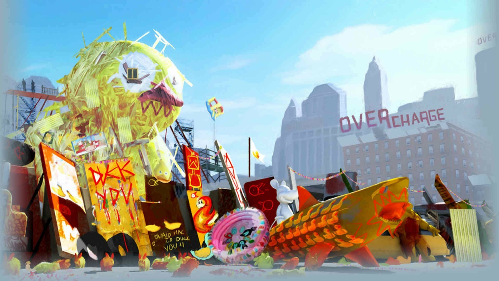 HD desktop wallpaper from Sunset Overdrive featuring vibrant artwork with monstrous character and chaotic cityscape.