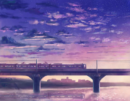 A vibrant anime desktop wallpaper featuring a train traveling across a bridge under a stunning twilight sky filled with clouds and stars.
