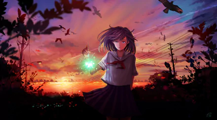 Anime girl with purple hair stands by a sunset-lit sky, with birds flying, fireworks, and water in the background. She wears a skirt and holds a glowing orb. HD desktop wallpaper.