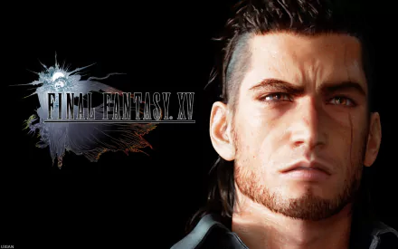 HD desktop wallpaper featuring Gladiolus Amicitia from Final Fantasy XV against a dark background with game logo.