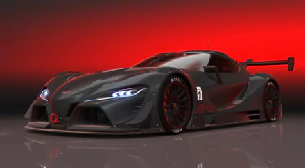 Sleek black Toyota FT-1 supercar concept with aggressive headlights set against a vibrant red background, shown as a high-definition PC desktop wallpaper.
