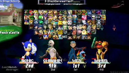 HD desktop wallpaper for Super Smash Bros. for Nintendo 3DS and Wii U, featuring character selection screen and match results with Sonic, Ghirahim, Wes, and Samus.