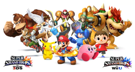 HD desktop wallpaper featuring characters from Super Smash Bros. for Nintendo 3DS and Wii U, including Mario and Pikachu.