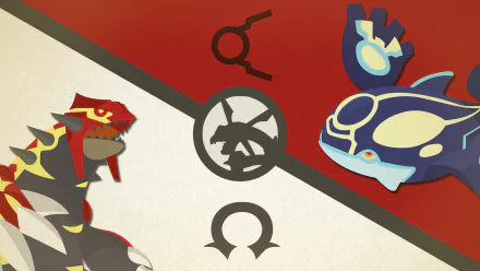 HD wallpaper featuring stylized icons of Pokémon Groudon, Kyogre, and Rayquaza from Omega Ruby and Alpha Sapphire on a divided background.